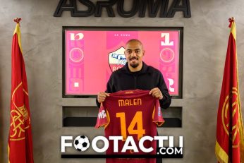 Donyell Malen pose avec le maillot de l’AS Roma après l’officialisation de son arrivée.