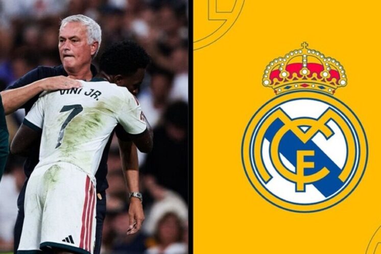 José Mourinho entourant Vinicius Junior avec le Real Madrid