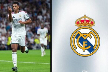 Jude Bellingham avec le Real Madrid à côté du logo du club