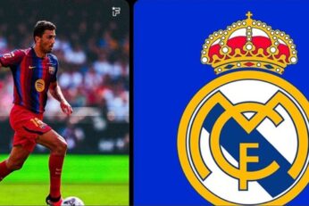 Rodri avec le FC Barcelone à côté du logo du Real Madrid