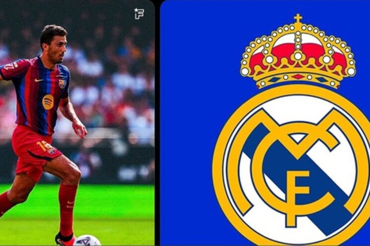 Rodri avec le FC Barcelone à côté du logo du Real Madrid