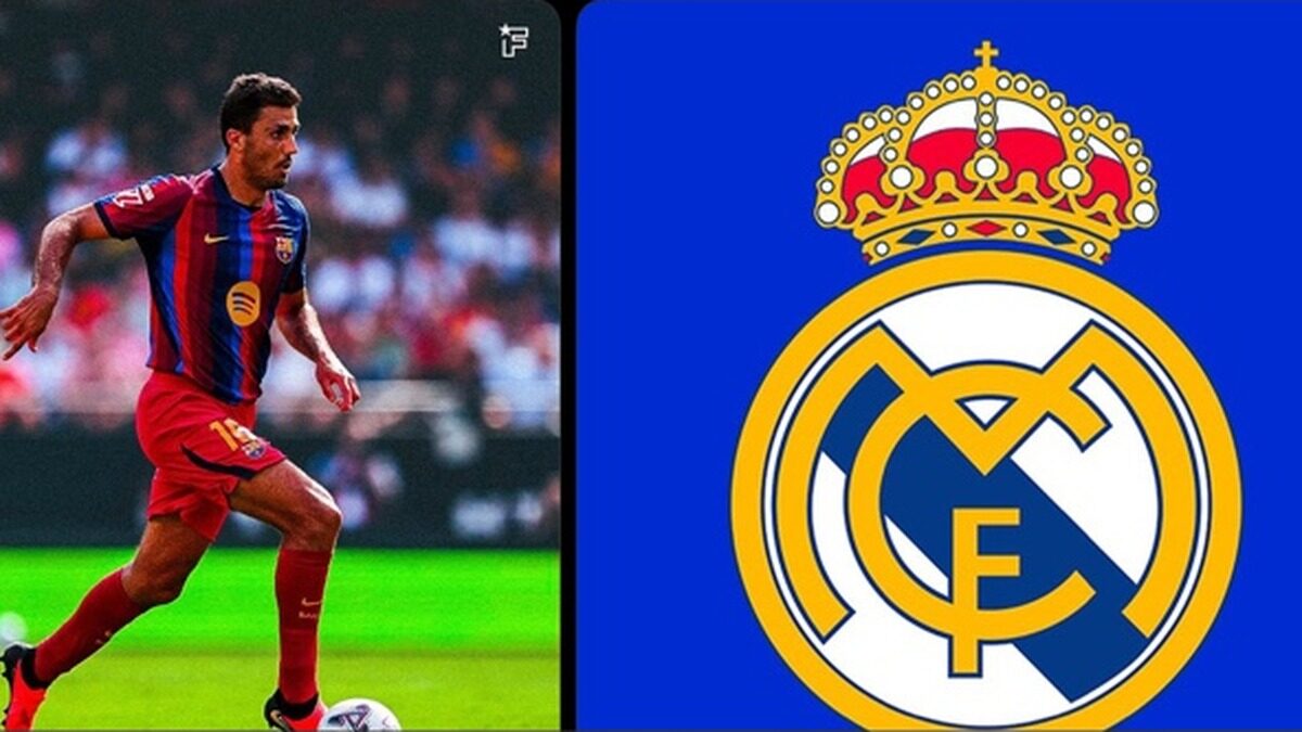 Rodri avec le FC Barcelone à côté du logo du Real Madrid