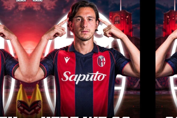 Matteo Darmian présenté dans la capture source annonçant son accord avec Bologne