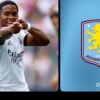Endrick sous le maillot du Real Madrid à côté du logo d’Aston Villa.