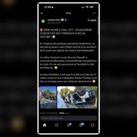 Voiture renversée après l’accident impliquant Lucas Gourna-Douath près de Hull City