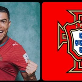Cristiano Ronaldo à côté du logo de la Fédération portugaise de football.